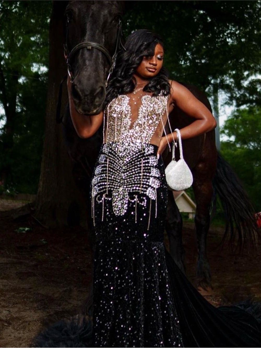 Black Sequined Evening Gown with Crystal Embellishment